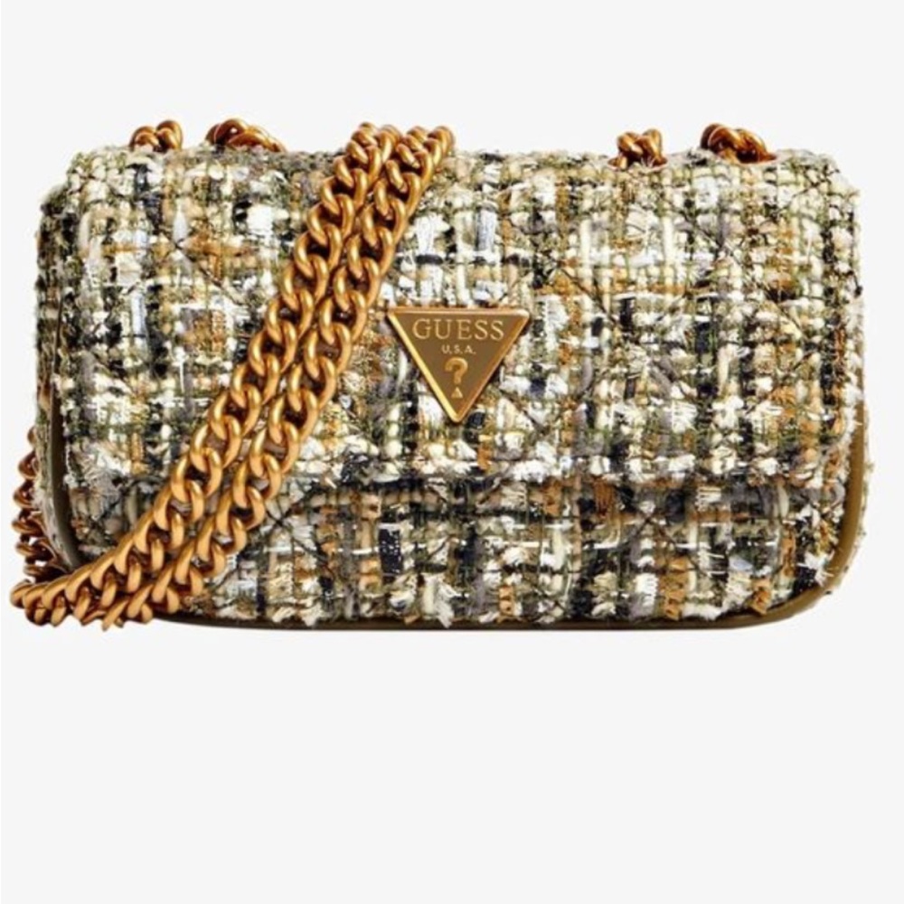 GUESS Tweed Shoulder Bag - Gold and army green